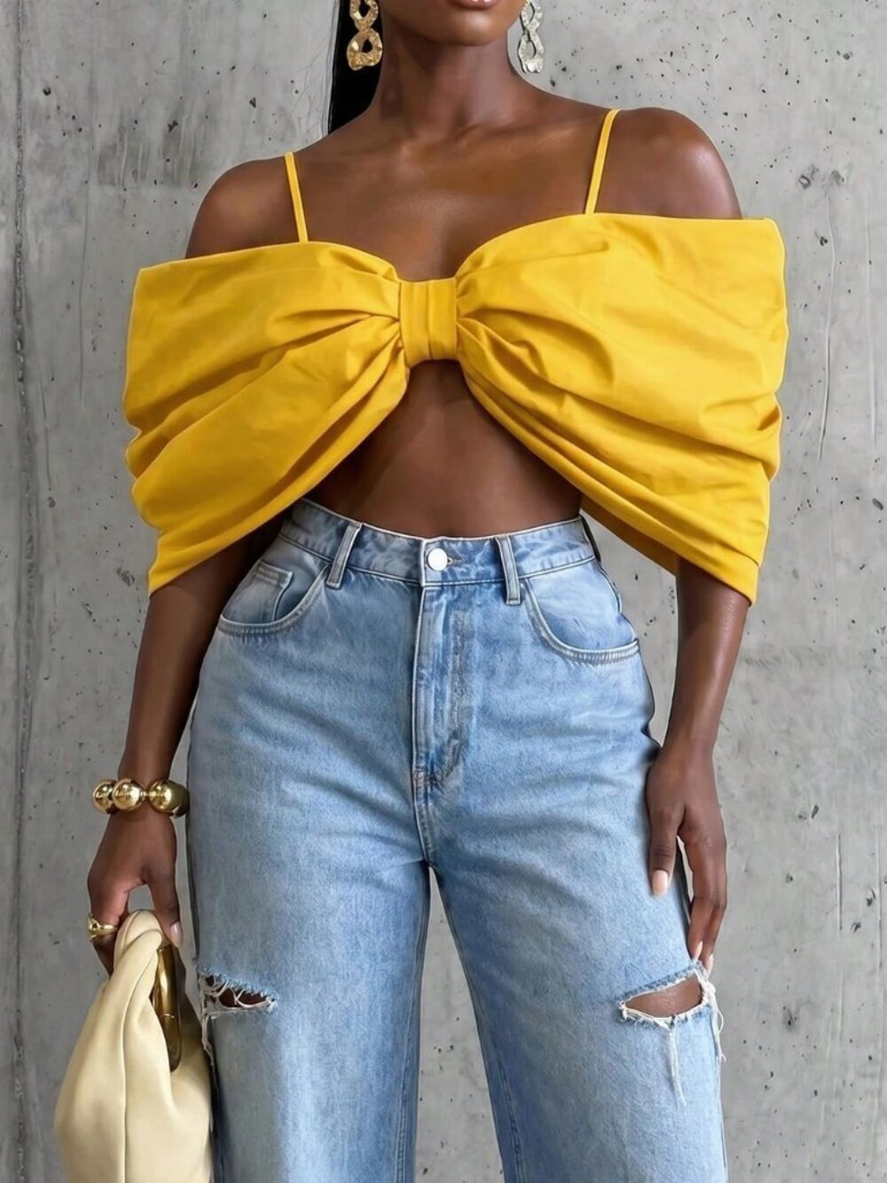 Yellow Sexy Women's Bow Design Off-Shoulder Cropped Top Night Out